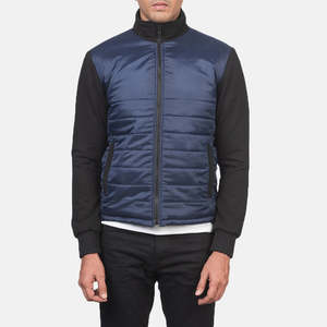 Veste matelassée bleu marine pour homme avec manches noires, col montant, fermeture éclair, coupe-vent décontractée en polyester rembourré, idéale pour l'automne - Product Image 4