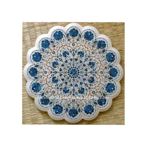 Beautiful White Marble & Lapis Lazuli Flower Design Dining <b>Table</b> <b>Top</b> Round Shape Used For Home <b>Decoration</b> Manufacturing In Bulk - Product Image 1