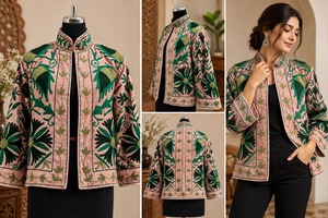 Suzani Pink <b>Velvet</b> Embroidered <b>Jacket</b> for <b>Women</b> Elegant Floral Embroidery Ethnic Winter Layering <b>Jacket</b> Fashion Wholesale Wear - Product Image 6