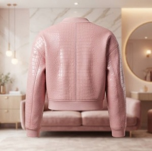 Pink Embossed Faux <b>Leather</b> <b>Bomber</b> <b>Jacket</b> <b>Women's</b> Full Sleeve Stand Collar Autumn Regular Length Zipper Closure - Product Image 4