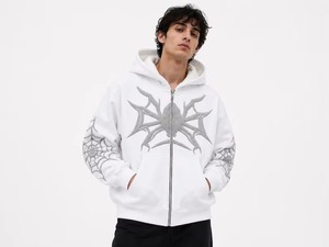 Sweat-shirt à capuche zippé intégral pour homme, coupe oversize, délavé à l'acide, avec crâne en strass personnalisé, brodé, orné de cristaux scintillants, pour l'hiver - Product Image 2