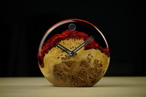 Handmade Burr Elm Wood <b>Clock</b> Red Epoxy Resin Desk Timepiece - Product Image 4