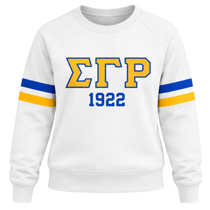 <b>White</b> <b>Women</b> Crew Neck Sweatshirt Greek Letter 1922 Graphic <b>Long</b> <b>Sleeve</b> Casual Pullover <b>Top</b> with Blue Gold <b>Sleeve</b> Stripes - Product Image 1