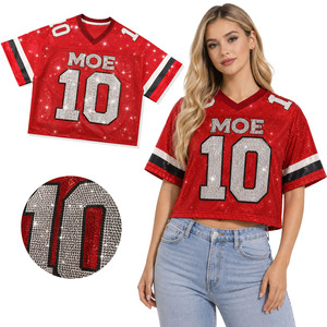 เสื้อเจอร์ซีย์อเมริกันฟุตบอลแบบครอป คอวี ผ้าตาข่าย แต่งคริสตัลวิบวับ ประดับด้วยกลิตเตอร์ ทรงโอเวอร์ไซส์ สไตล์สตรีทแฟชั่น - Product Image 1