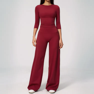 Ensemble de yoga 2 pièces : haut court à manches 3/4 et pantalon large taille haute, ensemble de vêtements de sport uni - Product Image 4