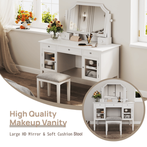44.4-Inch <b>Large</b> Adjustable White Vanity <b>Desk</b> <b>with</b> <b>Drawer</b> Cabinet Space-Saving Beauty Station for Bedroom Makeup Vanities Set - Product Image 3