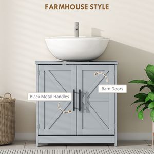 Mobiletto da Bagno Grigio Scuro Stile Rustico con Lavabo a Colonna, Armadietto a Terra con 2 Ante Scorrevoli e Ripiano Regolabile - Product Image 5