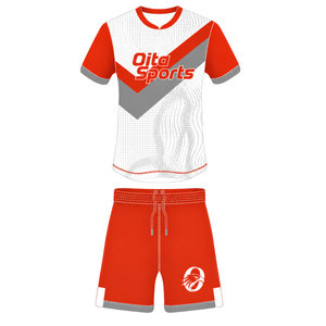 Conjunto de Uniforme de Rugby de Manga Corta en Naranja Brillante, Blanco y Gris, Jersey de Rugby con Cuello Redondo y Estampado Gráfico, Pantalones Cortos con Cordón Ajustable, Rendimiento Atlético - Product Image 1