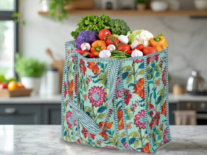 Sac fourre-tout en coton matelassé vert à imprimé floral bohème, ouverture supérieure, léger et durable pour les voyages, la plage et le shopping, toutes saisons - Product Image 6