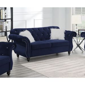 Divano a 2 Posti di Lusso in Velluto Indaco con Cuscini, Arredamento Formale per Soggiorno - Product Image 1