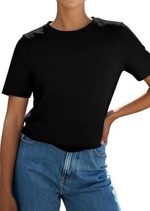 Haut court noir à col en V et manches courtes pour femme, coupe classique, en coton tricoté, couleur unie, respirant, écologique, séchage rapide - Product Image 6