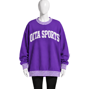 Sweat-shirt violet oversize à col rond pour homme avec bordure à carreaux vichy, manches longues, pull décontracté, mode streetwear, haut de sport athlétique - Product Image 1