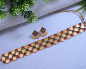 High Quality Matte Finish Gold Plated Copper Alloy Coin Choker <b>Set</b> Synthetic Stone Temple Women's <b>Indian</b> Ethnic Jewelry <b>Sets</b> - Product Image 2