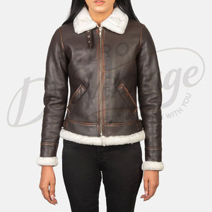 Women Dark <b>Brown</b> Distressed Real <b>Leather</b> <b>Jacket</b> White Faux Fur Trim Slim Fit Premium Sheepskin Winter Biker Outerwear Coat - Product Image 3