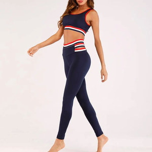 Navy <b>Blue</b> Two Piece Yoga Set Racerback Crop Top High Waist Full Length Leggings Contrast Binding Seamless Four Way Stretch - Product Image 3