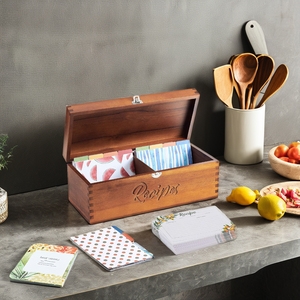 Caja de recuerdo de madera de acacia de 13 pulgadas con divisores y tapas Forma rectangular decorativa para embalaje de almacenamiento de tarjetas de recetas - Product Image 1