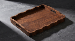 Plateau de service en bois à motif festonné unique, plateau en bois de mangue foncé avec bords ondulés et poignée latérale ergonomique intégrée - Product Image 4