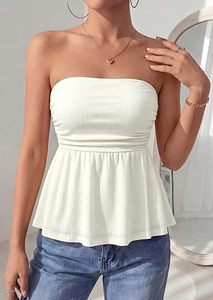 Haut court sans bretelles blanc en tricot pour femme, à volants, décontracté, printemps-été, motif écossais, en polyester respirant, longueur courte - Product Image 2