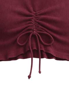 Top Corto Personalizado Color Vino Tinto, Cuello Alto Acanalado, Sin Mangas, con Cordón Ajustable, Fruncido en la Parte Delantera, Corte Ajustado, Informal para Mujer - Product Image 5