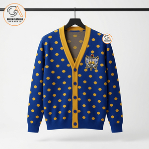 Vêtements grecs pour femmes, cardigan bleu et jaune à pois, col en V, brodé, style preppy, pull d'hiver à manches longues - Product Image 1