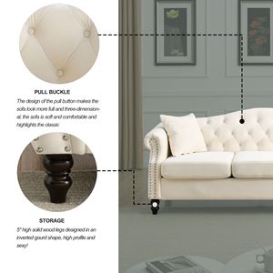 โซฟาเชสเตอร์ฟิลด์กำมะหยี่สีเบจขนาด 79 นิ้ว สำหรับห้องนั่งเล่น 3 ที่นั่ง แบบมีกระดุมติด พร้อมที่วางแขนโค้งมน ดีไซน์ตกแต่งด้วยหมุดโลหะ - Product Image 6