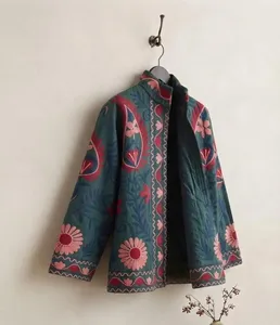 Bohemian Blue <b>Velvet</b> Suzani Embroidered <b>Jacket</b> with Floral Print Full Sleeve Stand Collar Handmade <b>Women's</b> Autumn Outerwear - Product Image 5