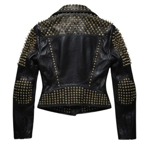 Women's Black Genuine Leather <b>Biker</b> <b>Jacket</b> With Gold Rivets Stand Collar Full Sleeve Motorcycle Coat - Product Image 3