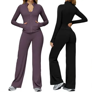 Women's 2 Piece Solid <b>Brown</b> Yoga Set Crew Neck Long Sleeve High Waist Seamless <b>Leggings</b> Full Length Spandex Polyester Activewear - Product Image 5