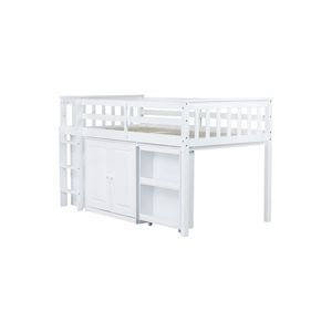 Letto a soppalco singolo in legno di gomma con armadio contenitore e scrivania estraibile, letti per bambini con sponda di sicurezza - Product Image 6