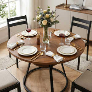 Metal Frame Wooden Top Round Dining <b>Table</b> Black Conical Shape Base Dining <b>Table</b> For Home & Restaurant Use Dining <b>Table</b> 4 Seater - Product Image 6