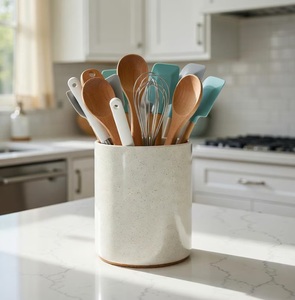 Porte-ustensiles contemporain en céramique grès, finition lisse, glaçure bicolore, haute résistance, résistant à la chaleur, organisateur de cuisine - Product Image 6