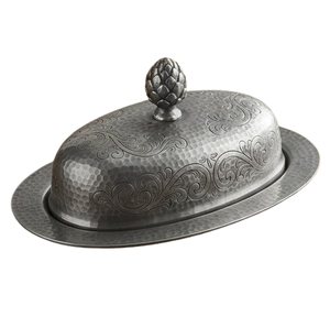 Beurrier ovale avec couvercle, design gravé vintage en métal, vaisselle de cuisine artisanale - Product Image 2