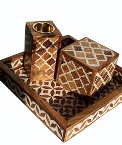 Arabic Wooden <b>Incense</b> Burner Set <b>Box</b> and tray with Resin Inlay Work Handmade Bakhoor Burner for Majlis and Mosque Decoration - Product Image 1