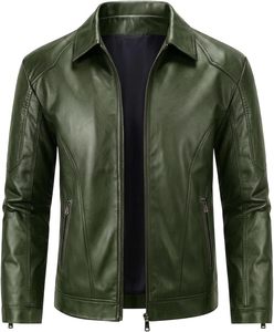 Veste Safari en Cuir Tissé Coupe Slim pour Homme, Col Montant, Fermeture Éclair, Vert Uni, Longueur Standard, Décontractée, Idéale pour l'Automne - Product Image 4
