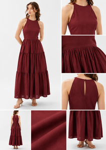 Robe longue de soirée en coton tissé de couleur rouge vin, style bohème, avec bretelles spaghetti, silhouette robe de bal, pour femme, qualité OEM supérieure - Product Image 5