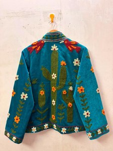 Veste en velours vert sarcelle pour femme, col montant, fermeture éclair, broderie florale cactus, style Prairie Chic, veste brodée florale à fermeture éclair - Product Image 2