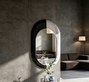 Miroir mural encadré ovale, design minimaliste, bord en marbre noir et blanc, verre décoratif de 6 mm d'épaisseur, décoration de salon, décoration de la maison - Product Image 1