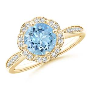 Anillo de Oro Sólido de 14K con Aguamarina Floral Redonda y Detalles de Diamantes, Joyería Fina Hecha a Mano y Personalizada para Boda o Compromiso - Product Image 1