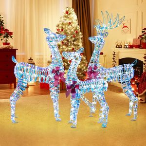 Famille de rennes de Noël en bois 3D éclairée - Ensemble de 3 pièces, alimentation solaire, lumières blanches clignotantes contrôlées par application, décoration moderne - Product Image 2