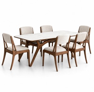 Ensemble de salle à manger moderne du milieu du siècle, 6 pièces, table en bois avec chaises à dossier solide, plateau en pierre, meubles pour la maison - Product Image 2