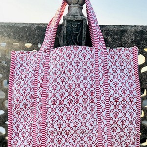 Hand Block Printed Cotton Tote <b>Bag</b> Lightweight Handmade Reusable Eco Friendly Portable Carry <b>Bag</b> Women <b>White</b> Embroidery Zipper - Product Image 4
