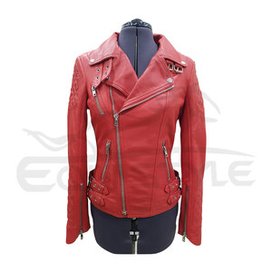 <b>Womens</b> Red Leather <b>Jacket</b> For <b>Women</b> Quilted Shoulder Panels Asymmetric Zip Long Sleeves Biker <b>Winter</b> Fashion <b>Waterproof</b> - Product Image 1