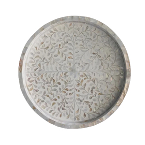 Plateau de service rond en rotin artisanal avec incrustation de nacre, plateau décoratif tissé avec poignées pour table basse, décoration intérieure - Product Image 6