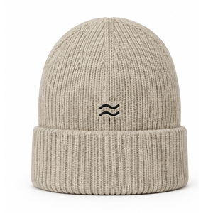 Gorro de punto color caqui con símbolo de onda, diseño minimalista de arte lineal, unisex, ideal para el invierno. - Product Image 1