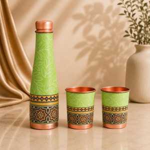 Bouteille d'eau en cuivre pur de qualité supérieure, motif feuille verte, faite à la main, réutilisable, gourde de voyage, logo personnalisé, vente en gros, usine - Product Image 3