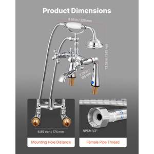 Robinet de baignoire à pieds en chrome poli vintage, montage sur pont, bec rotatif à 360 degrés, tuyau de 59 pouces de long, douche à main pour baignoire - Product Image 3