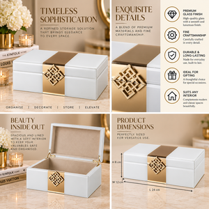 Boîte de rangement pour bijoux en verre blanc ivoire avec accent géométrique doré, finition brillante, doublure douce, organisateur décoratif pour souvenirs - Product Image 6