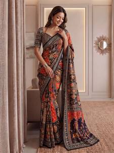 Sari Tradicional Indio de Seda con Estampado Digital y Parches Multicolores para Bodas y Eventos Festivos para Mujer - Product Image 1