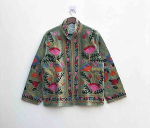 Wholesale Factory Custom Women Heavy Thread Embroidery Olive Green Velvet Jacket Casual Open Front Stand Collar Short <b>Coat</b> OEM - Product Image 3