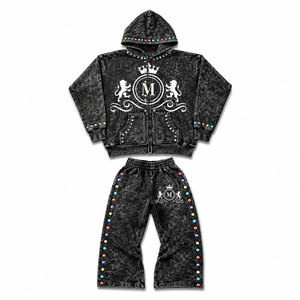 Conjunto Deportivo para Hombre, Negro, Lavado Ácido, con Capucha, Manga Larga, 100% Algodón, Sudadera con Pedrería, 450 Gsm, Estilo Urbano Informal - Product Image 3
